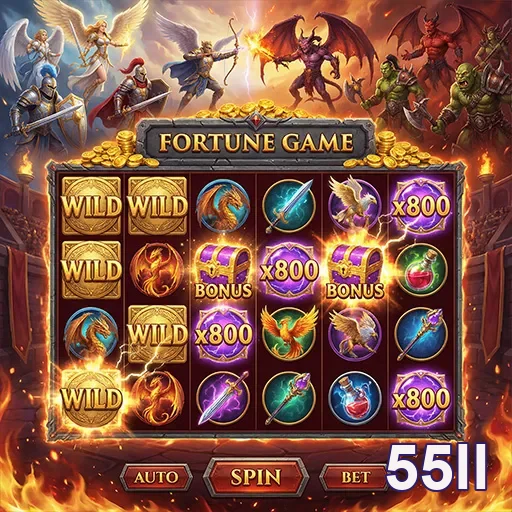 Imagem do jogo de slot 55LL Fortune Game com 5 cilindros e gráficos vibrantes.