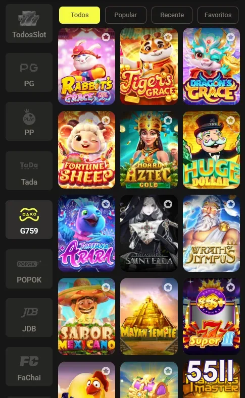 Imagem de diversos jogos de cassino disponíveis no site 55ll.